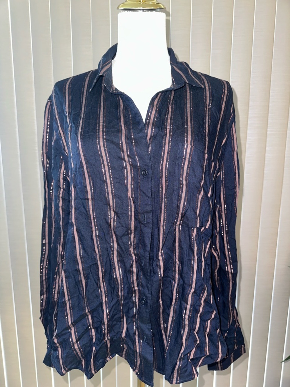 cloth & stone Navy Button-Down Top with Pink Stripes